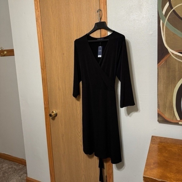 Seranoma NWT Size 2X Solid Black Mid-Calf 3/4 Sleeve Faux Wrap Dress - Picture 1 of 4